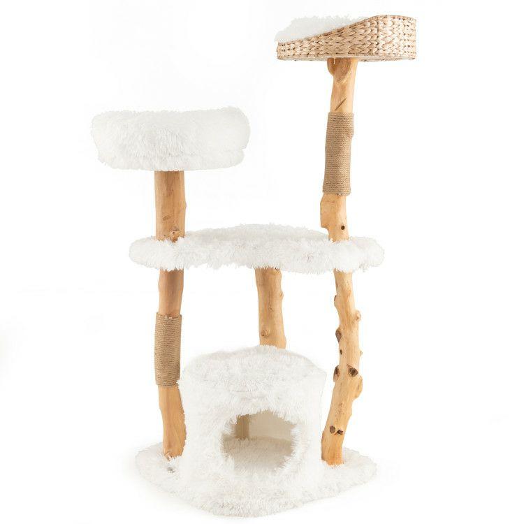 Solid Wood Cat Tower with Top Cattail Basket Cat Bed White |   Cat Trees, Condos & Scratchers