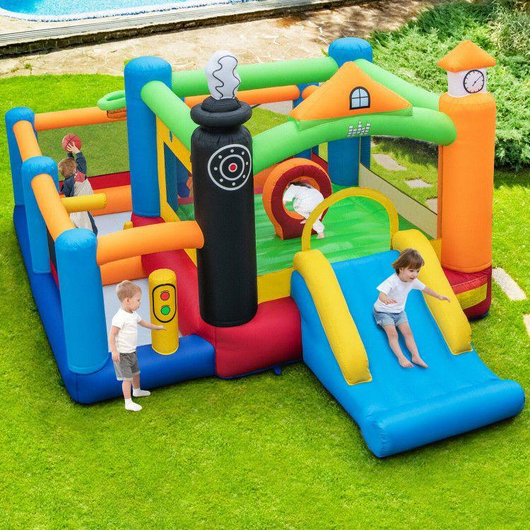 Train Themed Kids Bouncer with Slide and Basketball Hoop with 950W Air Blower Multi-Colored |   Outdoor Play