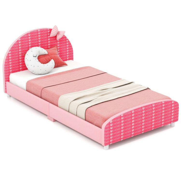 Wood Upholstered Twin Bed Platform with Slat Support Pink |   Toddler Beds