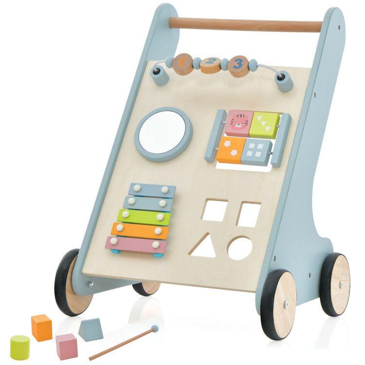 Wooden Baby Walker Toddler Push Walker with  Xylophone and Flip Blocks Blue |   Baby Walkers