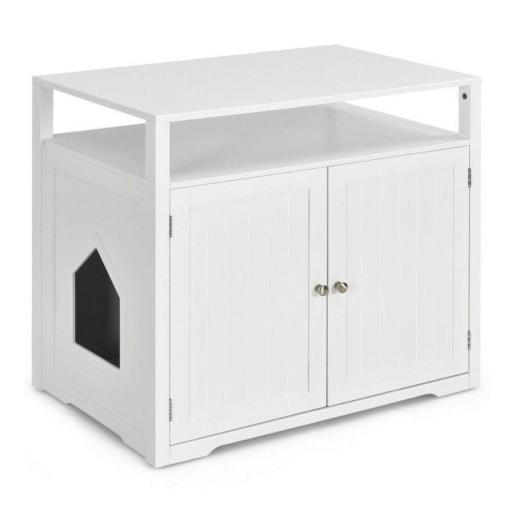 Wooden Cat Litter Box Enclosure Hidden Cat Washroom with Storage Layer White |   Cat Houses