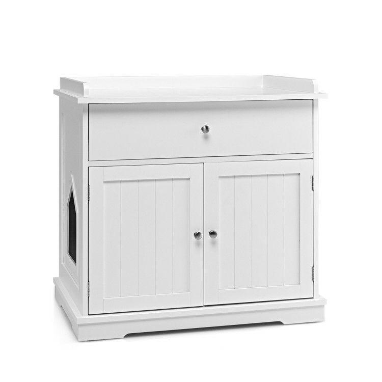 Wooden Cat Litter Box Enclosure with Drawer Side Table Furniture White |   Cat Houses