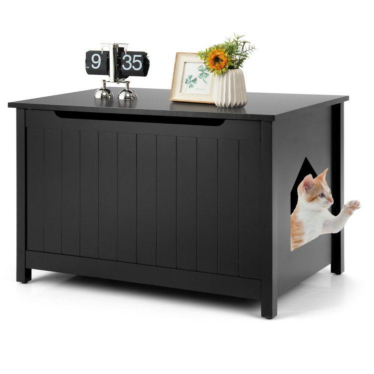 Wooden Cat Litter Box Enclosure with Top Opening Side Table Black |   Cat Houses