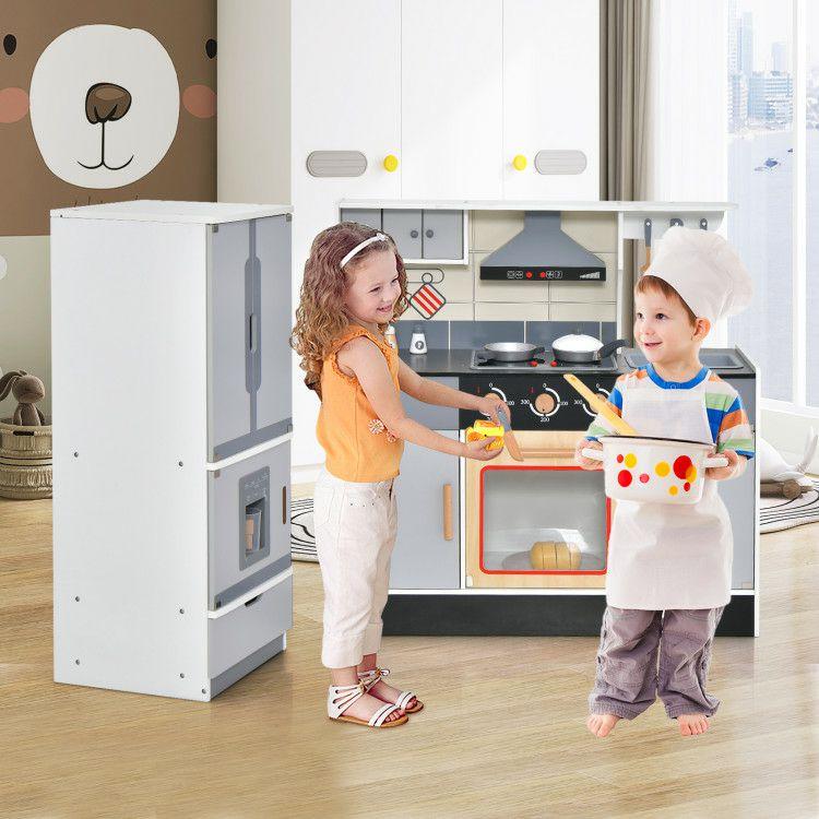 Wooden Chef Play Kitchen and Refrigerator with Realistic Range Hood and Roaster  |   Play Kitchen Sets