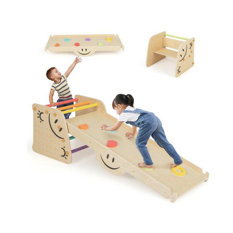 Wooden Climbing Toy Triangle Climber Set with Seesaw Multicolor |   Climbers & Slides