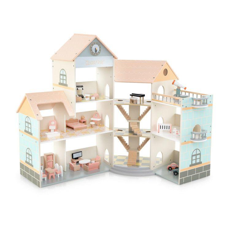 Wooden Corner Dollhouse Playset with 41 Pieces Accessories for Kids 3+ Years Old Orange |   Play Tents & Playhouse