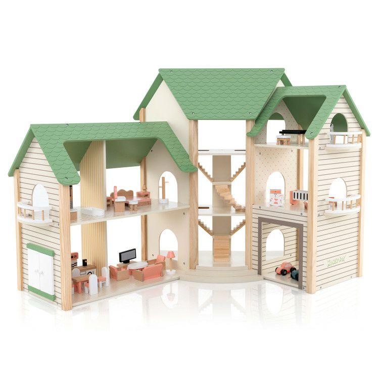 Wooden Corner Dollhouse Playset with 6 Rooms and 36 Pieces for Kids 3+ Years Old Green |   Play Tents & Playhouse