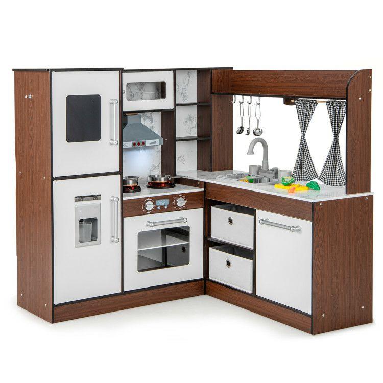 Wooden Corner Play Kitchen with Water Circulation System and Lights Brown |   Play Kitchen Sets