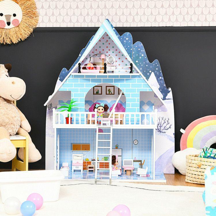 Wooden Dollhouse 3-Story Pretend Playset with Furniture and Doll Gift for Age 3+ Year Blue |   Play Tents & Playhouse