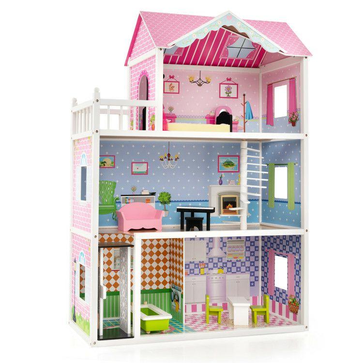 Wooden Dollhouse with Working Elevator and Rotatable Staircase Pink |   Play Tents & Playhouse