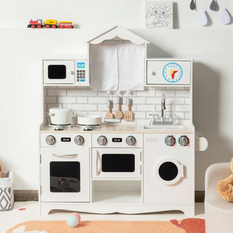 Wooden Kids Kitchen with Washing Machine White |   Play Kitchen Sets