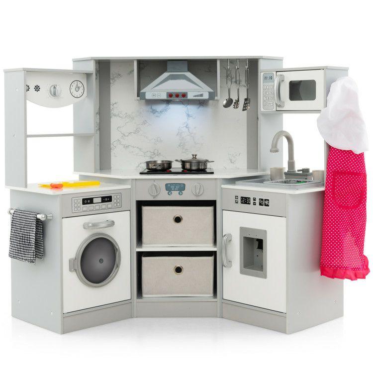 Wooden Kids Play Kitchen Playset with Realistic Lights and Sounds Gray |   Play Kitchen Sets