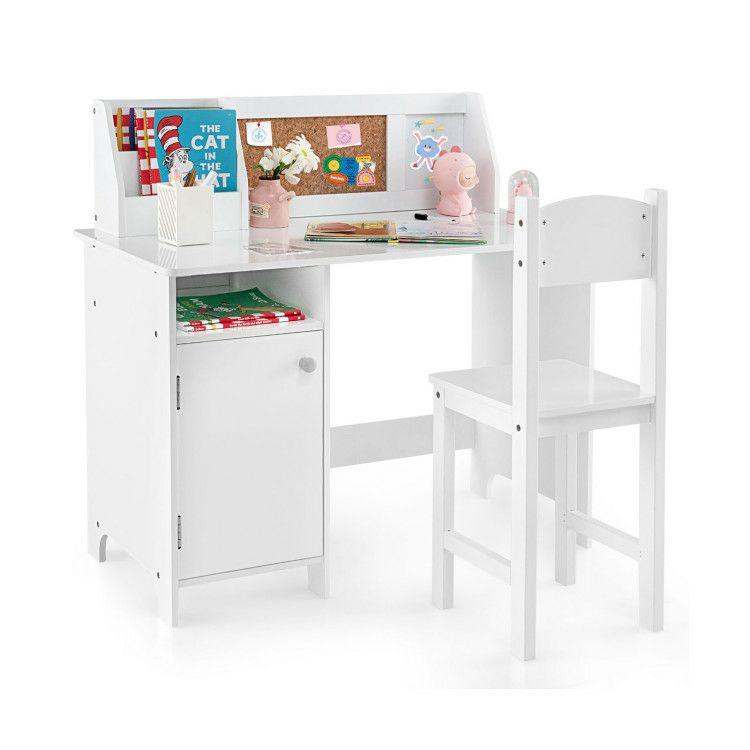 Wooden Kids Study Desk and Chair Set with Storage Cabinet and Bulletin Board White |   Kids Table & Chair Sets