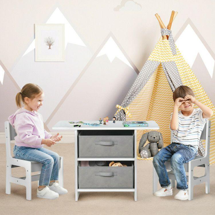 Wooden Kids Table and Chairs with Storage Baskets Puzzle Gray |   Kids Table & Chair Sets