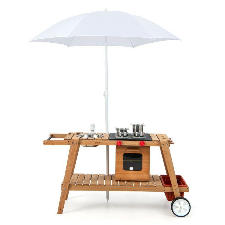 Wooden Play Cart for Toddlers Over 3 Years Old with Sun Proof Umbrella White |   Play Kitchen Sets