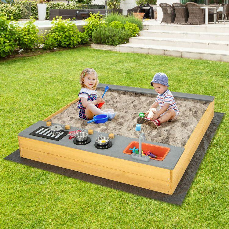 Wooden Sandbox Kids Sand Pit with Kitchen Playset Accessories for 3-8 Years Old  |   Sandboxes