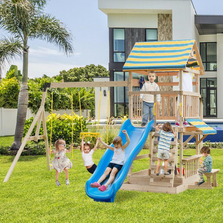 Wooden Swing Set with Large Upper Deck Slide and Steering Wheel Multi-Color |   Outdoor Play