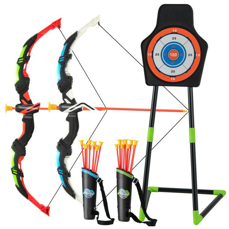 Youth Archery Bow Set with LED Light Up Bow and 20 Suction Cup Arrows for Kids Blue+ Green |   Outdoor Play