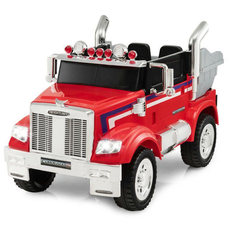 12V Licensed Freightliner Kids Ride On Truck Car with Dump Box and Lights Red |   Powered Ride On Toys