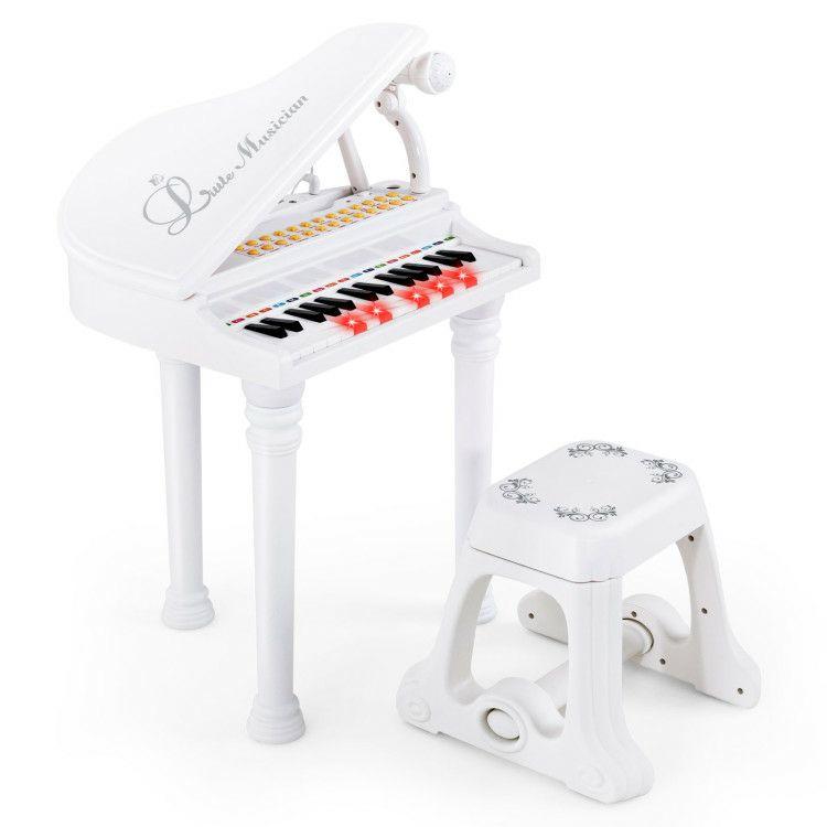 31 Keys Kids Piano Keyboard with Stool and Piano Lid White |   Pianos & Keyboards