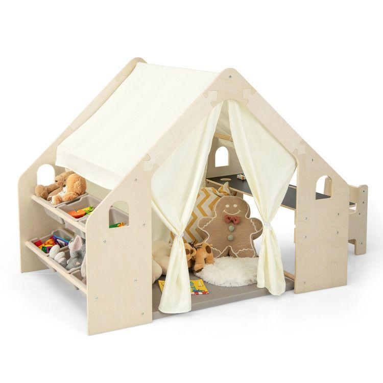 6-in-1 Kids Play Tent Playhouse with Blackboard 6 Storage Bins and Floor Cushion Beige |   Play Tents & Playhouse