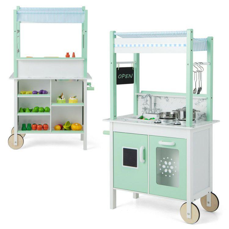 Double-sided Pretend Play Kitchen with Remote Control and LED Light Bars Green |   Play Kitchen Sets