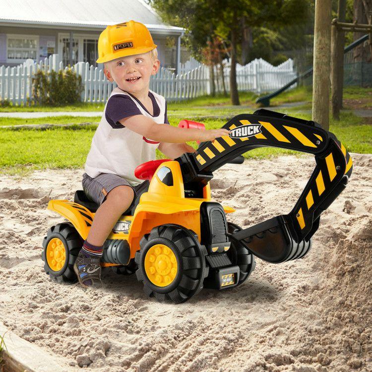 Ride on Push Car Bulldozer Digger Toy with Safety Helmet and Working Shovel Yellow |   Push & Pedal Ride On Toys