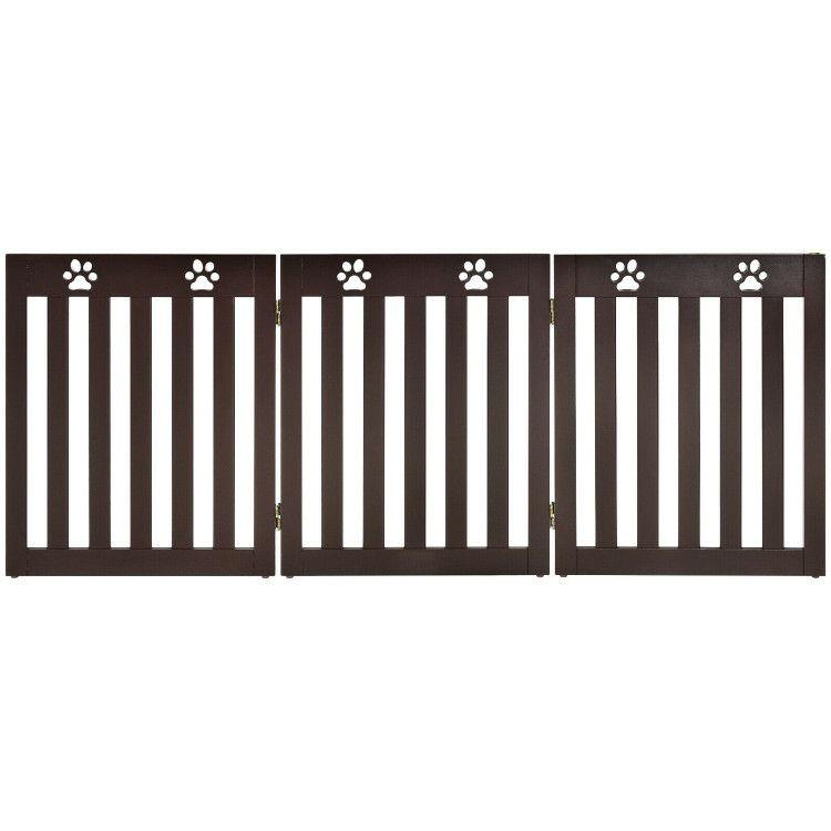 24 Inch Folding Wooden Freestanding Dog Gate with 360° Flexible Hinge for Pet Dark Brown |   Pet Gate