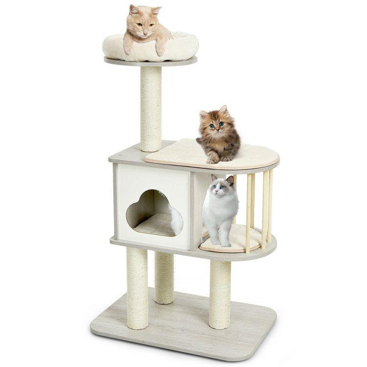 46 Inch Wooden Cat Activity Tree with Platform and Cushions Gray |   Cat Trees, Condos & Scratchers