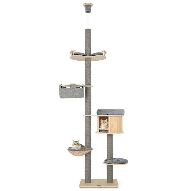 6-tier Floor-to-Ceiling Cat Tree 100-110 Inches Adjustable Height Natural |   Cat Trees, Condos & Scratchers