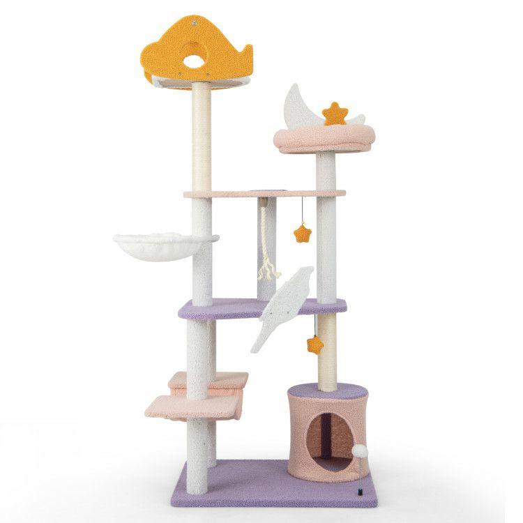 66 Inch Cute Cat Tree Cats Multi-level Tall Cat Tower with Sisal Covered Scratching Posts Purple |   Cat Trees, Condos & Scratchers