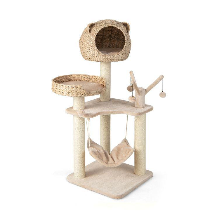 Multi-Level Cat Tree with Condo Hammock and Rotatable Hanging Balls Natural |   Cat Trees, Condos & Scratchers