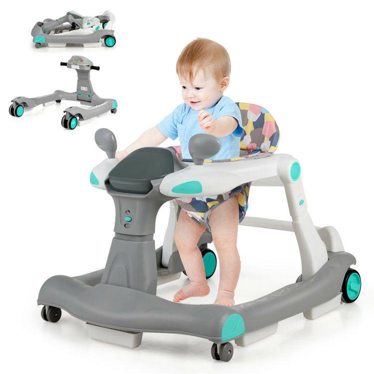 2-in-1 Foldable Activity Push Walker with Adjustable Heights Gray |   Baby Walkers