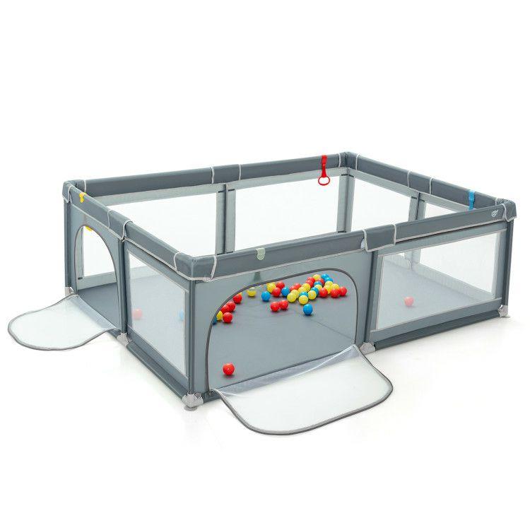 81 x 59 Inch Portable Baby Playpen with Ocean Balls and Handlebars Gray |   Baby Playpen & Playards