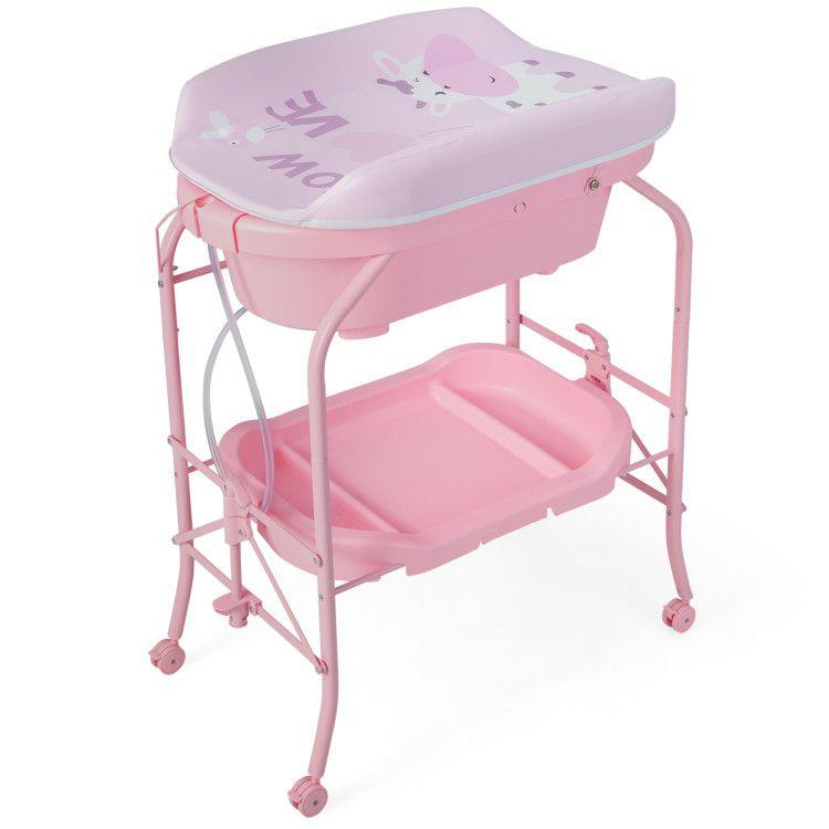 Folding Baby Changing Table with Bathtub and 4 Universal Wheels Pink |   Changing Tables