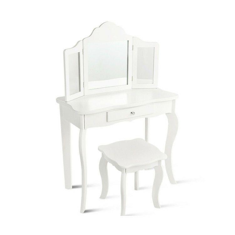 Kids Dressing Vanity Set with Detachable Tri-Folding Mirror and Stool White |   Kids Vanities