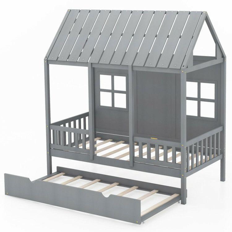 Twin Size Bed Frame House Bed with Trundle and 82 Inch Tall Roof Gray |   Toddler Beds