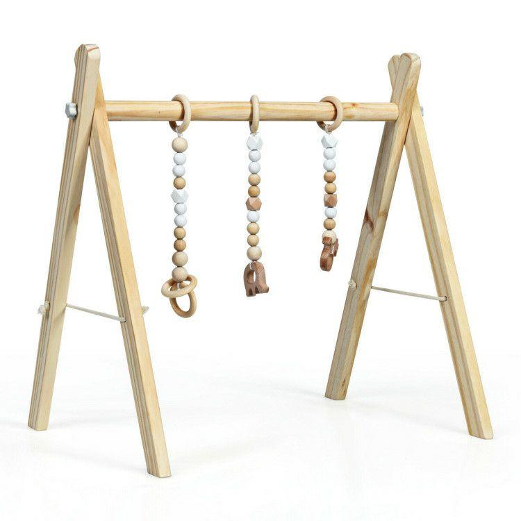 Wooden Baby Play Center with 3 Hanging Toys Natural |   Baby Playpen & Playards