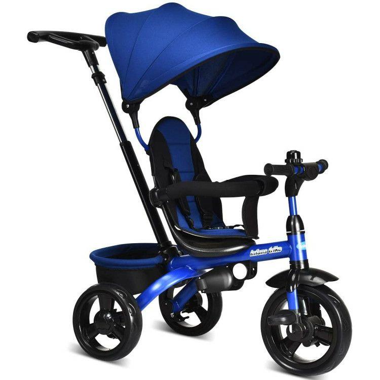 4-in-1 Kids Tricycle with Adjustable Push Handle Blue |   Baby Strollers